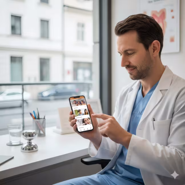 Zahnarzt bedient Praxis-Website auf seinem Smartphone (AI generiert)