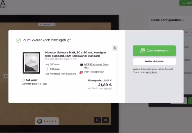 Overlay "In den Warenkorb gelegt" mit auffälligem "Zum Warenkorb"-Button
