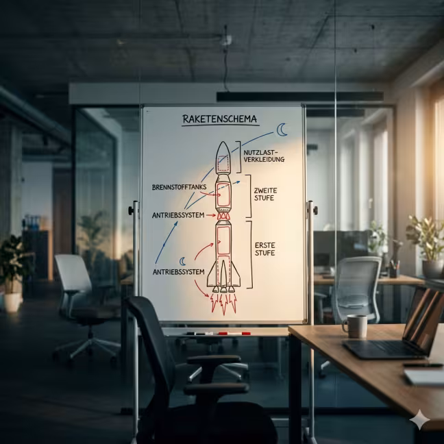 Ein Whiteboard mit der schematischen Darstellung einer Rakete in einem Büro (AI generiert)